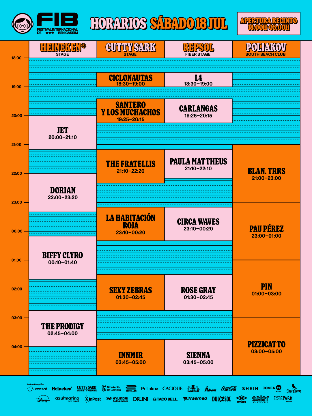 Horarios oficiales del sábado 18 de julio en FIB 2026